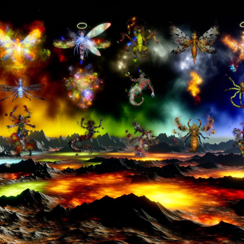 Imagine an intense image depicting a grand cosmic clash of divinity and desecration, embodying the eternal struggle of good versus evil, lif...