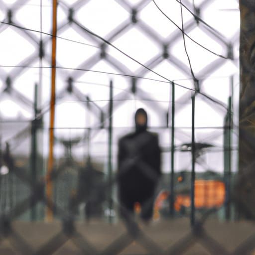 a tall scary figure in distance behind wiredfence