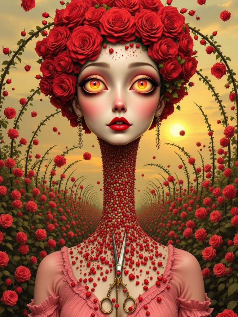 A surreal portrait of a woman with distorted, asymmetrical facial features, big ruby eyes that pulse with warmth, and an elongated face fram...