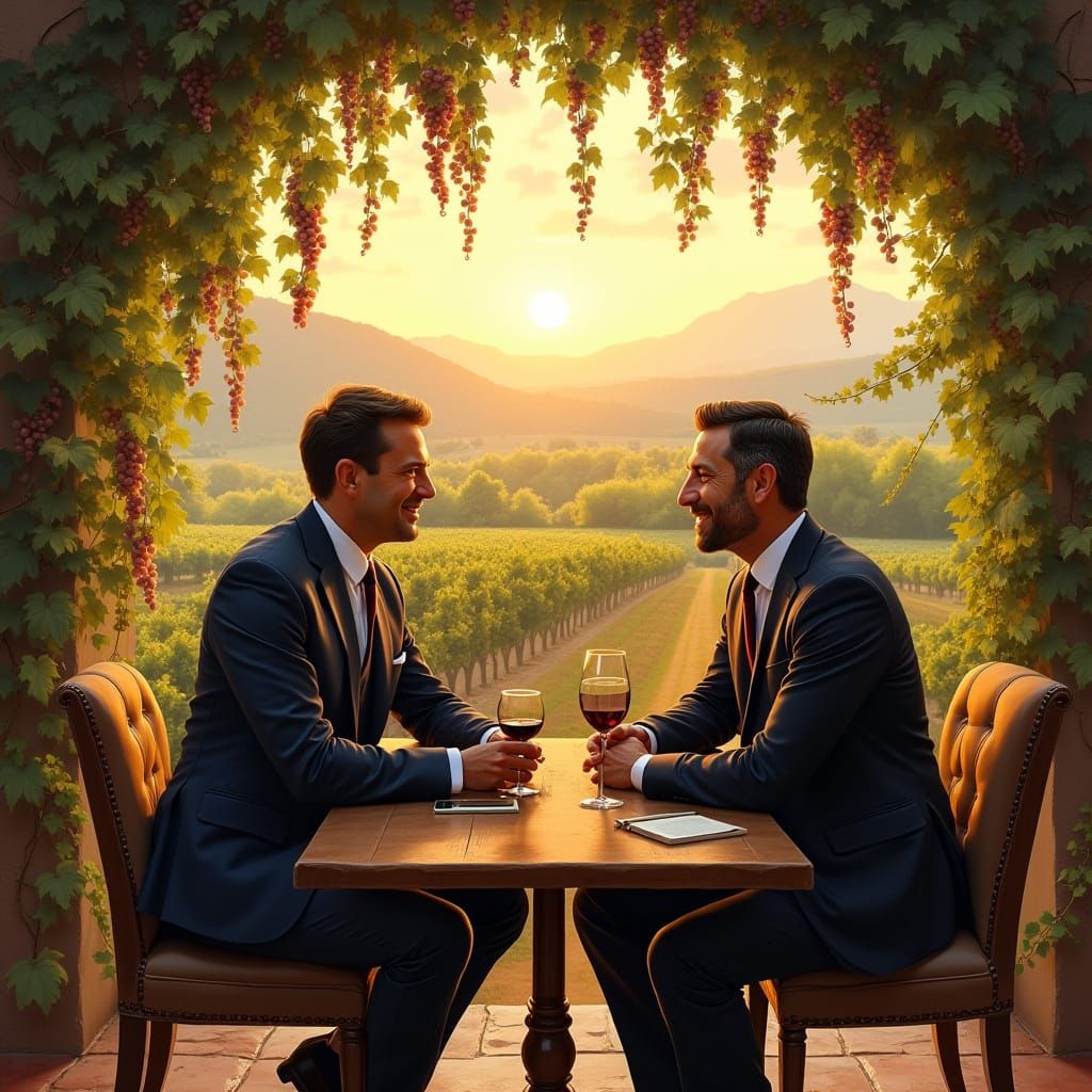 Business Meeting at Vineyard in Golden Hour Light