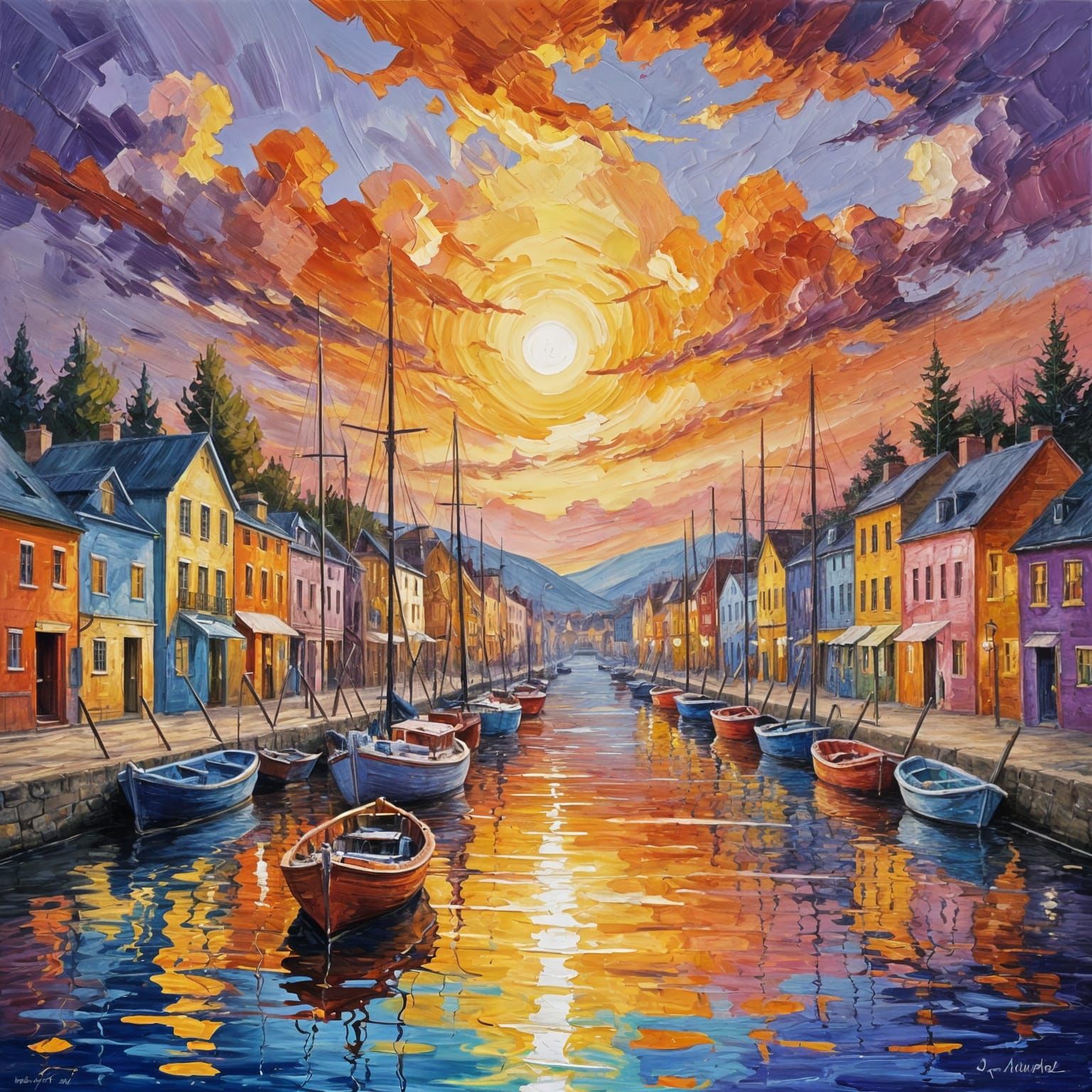 Sunset over sleepy harbor village.  by @Papillon