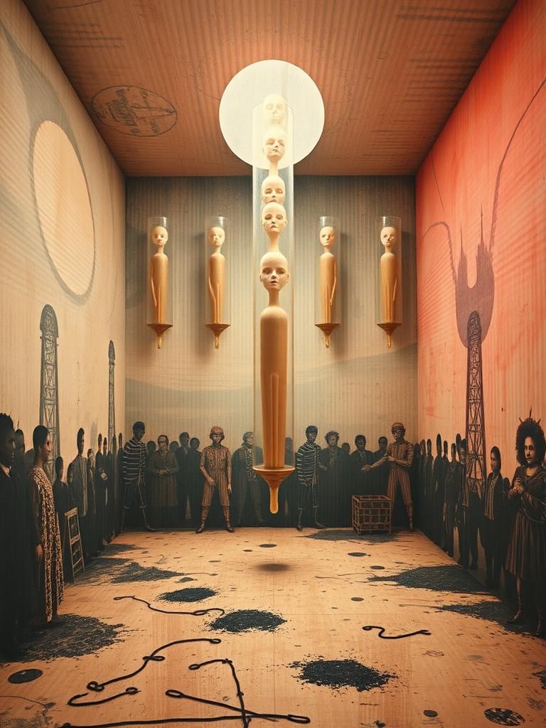 Surreal Test Tube Babies Converging in Dadaist Style