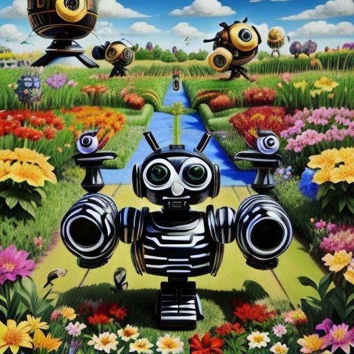 <lora:Zz Zebrapunk V2:1.0> Cute robots in a flower garden 