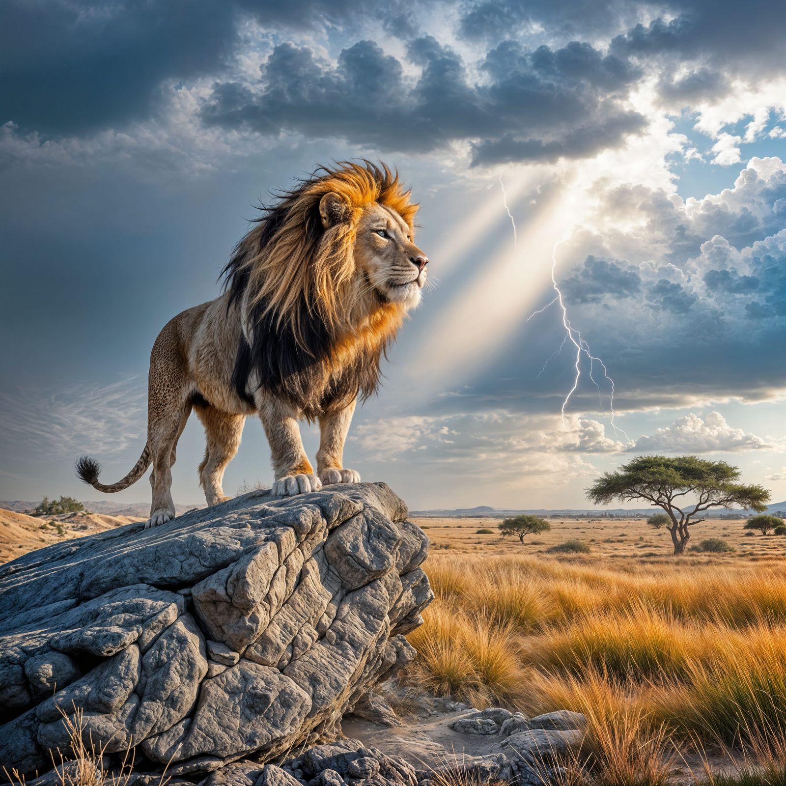Majestic Lion on Rock Under Stormy Skies