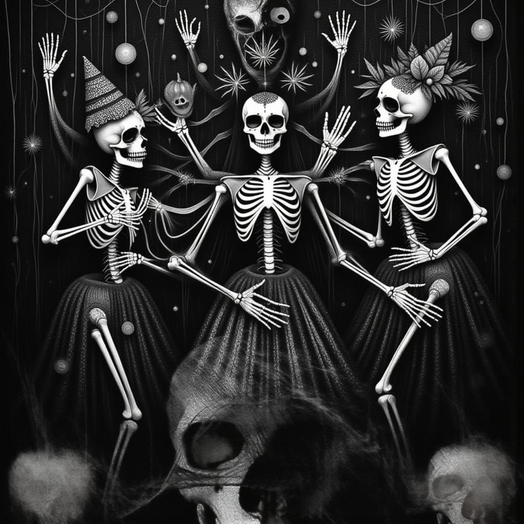 <lora:Momento Mori:1.0> Halloween dancing skeletons