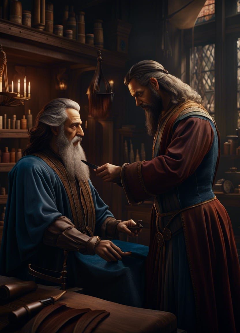 Leonardo da Vinci as a haircutter cutting a man, detailed ma...