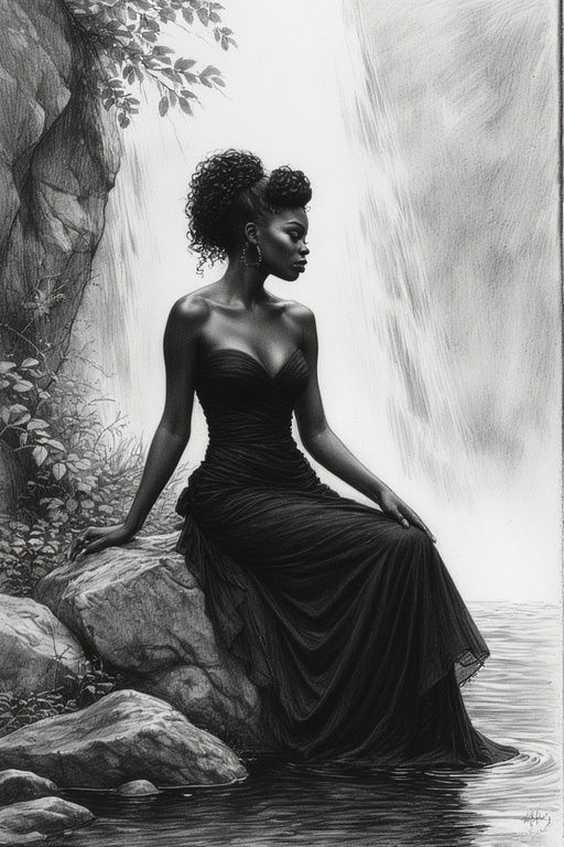 BLACK QUEEN DRESSED IN A BLACK EVENING DRESS SITTING ON ROCK...