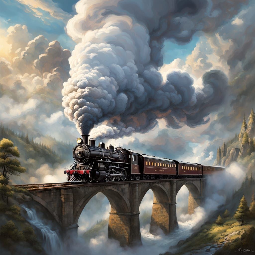 Epic Cloud-Merging Steam Train — Fantasy Prompt

A monumental, ultra-detailed fantasy painting of a colossal steam train racing across a tow...