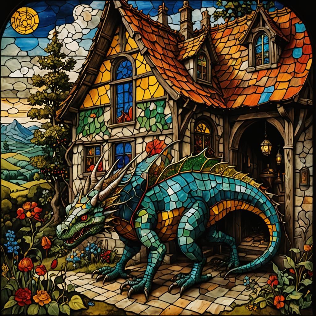 An intricate Stained Glass Draconopede Guards his medieval cottage   by @Loving the Impressionists