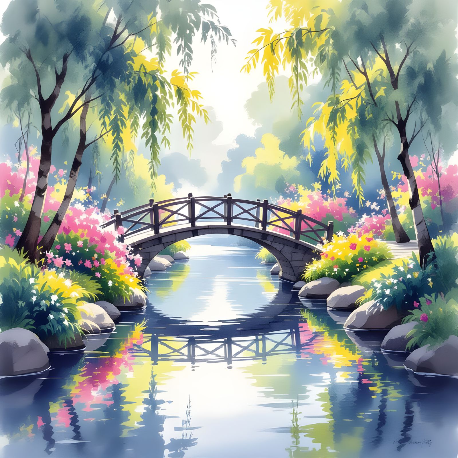 A delicate watercolor painting of a flower garden beside a calm river, painted in black, purple, and yellow tones. A sma...