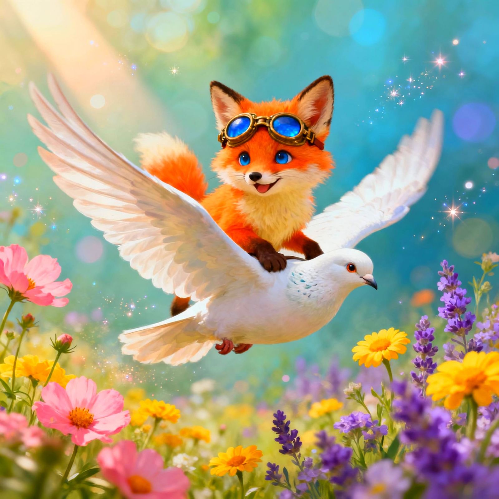 Baby Fox Rides Dove Through Magical Flower Meadow