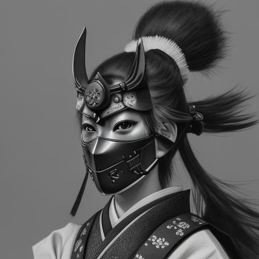 Detailed Charcoal Drawing of Female Samurai Helmet