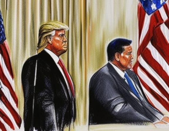 Donald Trump in court room being arraigned on election charg...