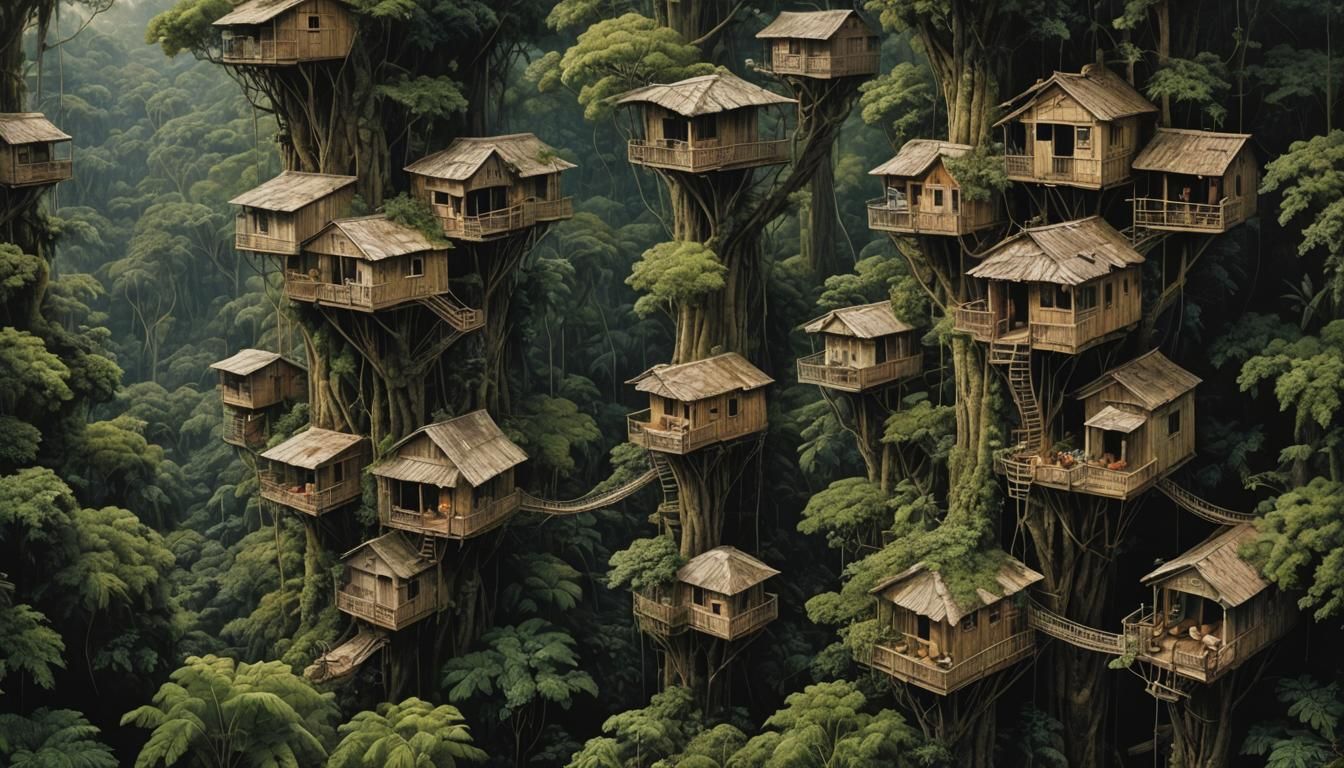 A City of Tree Houses in the Canopy of the Jungle Trees by B...