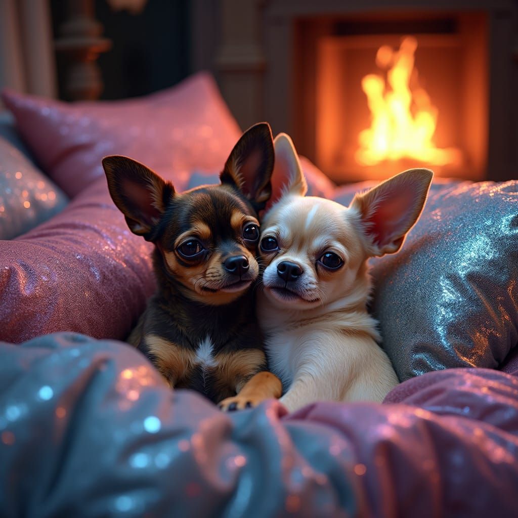 Two chihuahuas one brindle (slightly larger) and one blonde with black trim around his ears and neck both with black lips snuggling together...