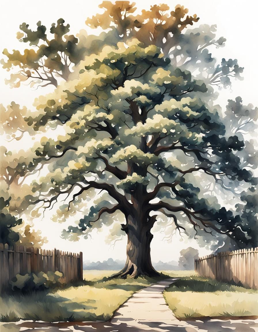 Watercolor Oak Tree in Backyard with Natural Lighting