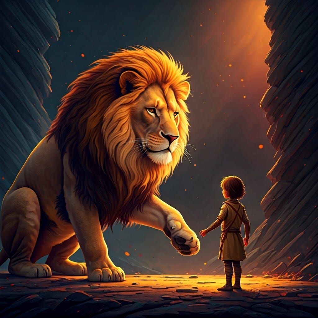 Regal Lion Meets a Young Dreamer in a Fantastical Landscape