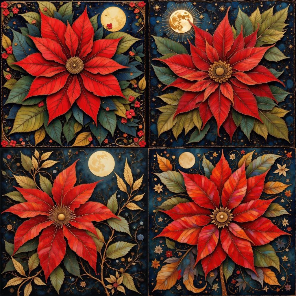 Gilded Poinsettia on Moonlit Tapestry in Folk Art Style