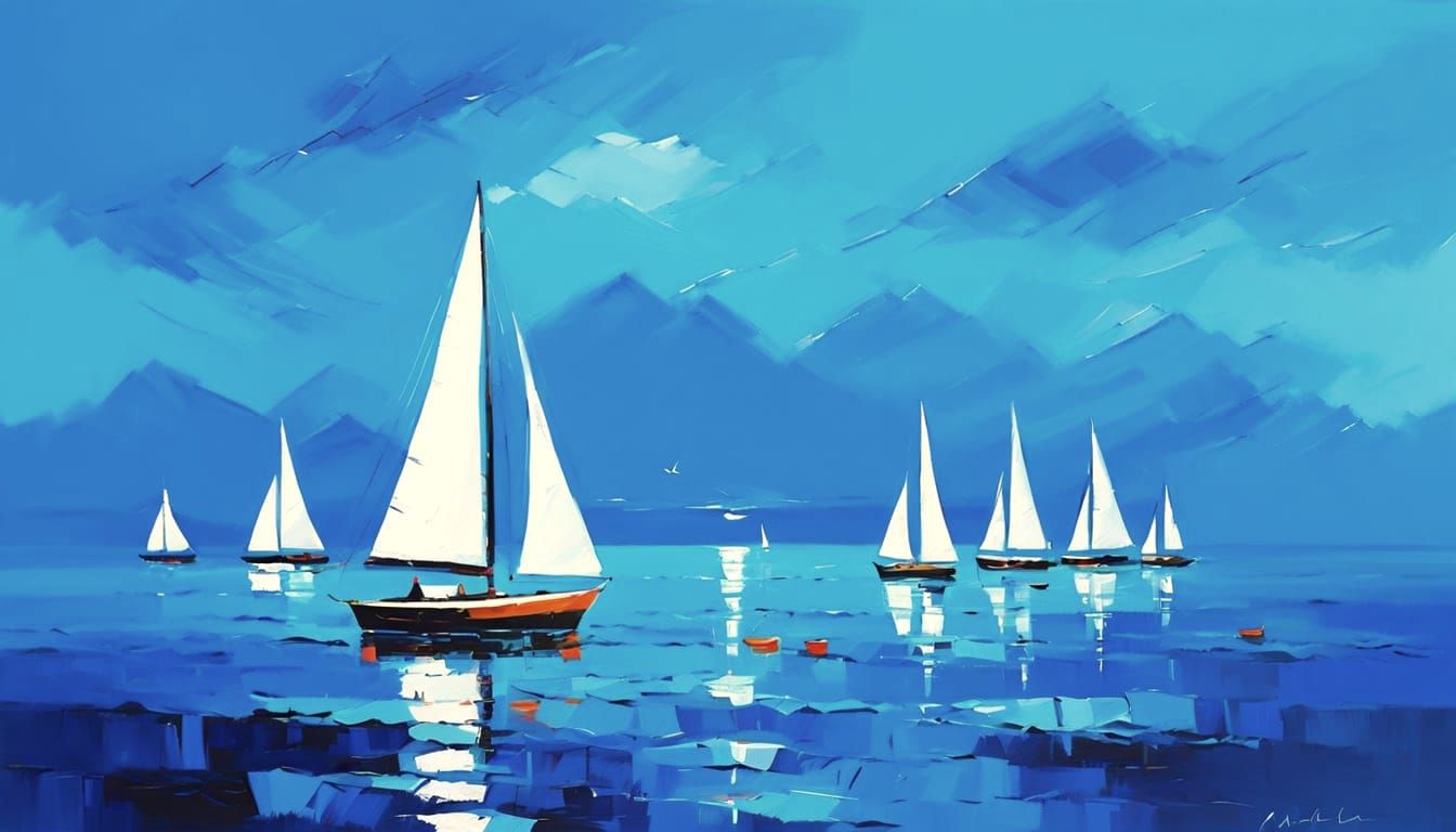 Acrylic painting in blue of an open sea with multiple sailboats with white sails