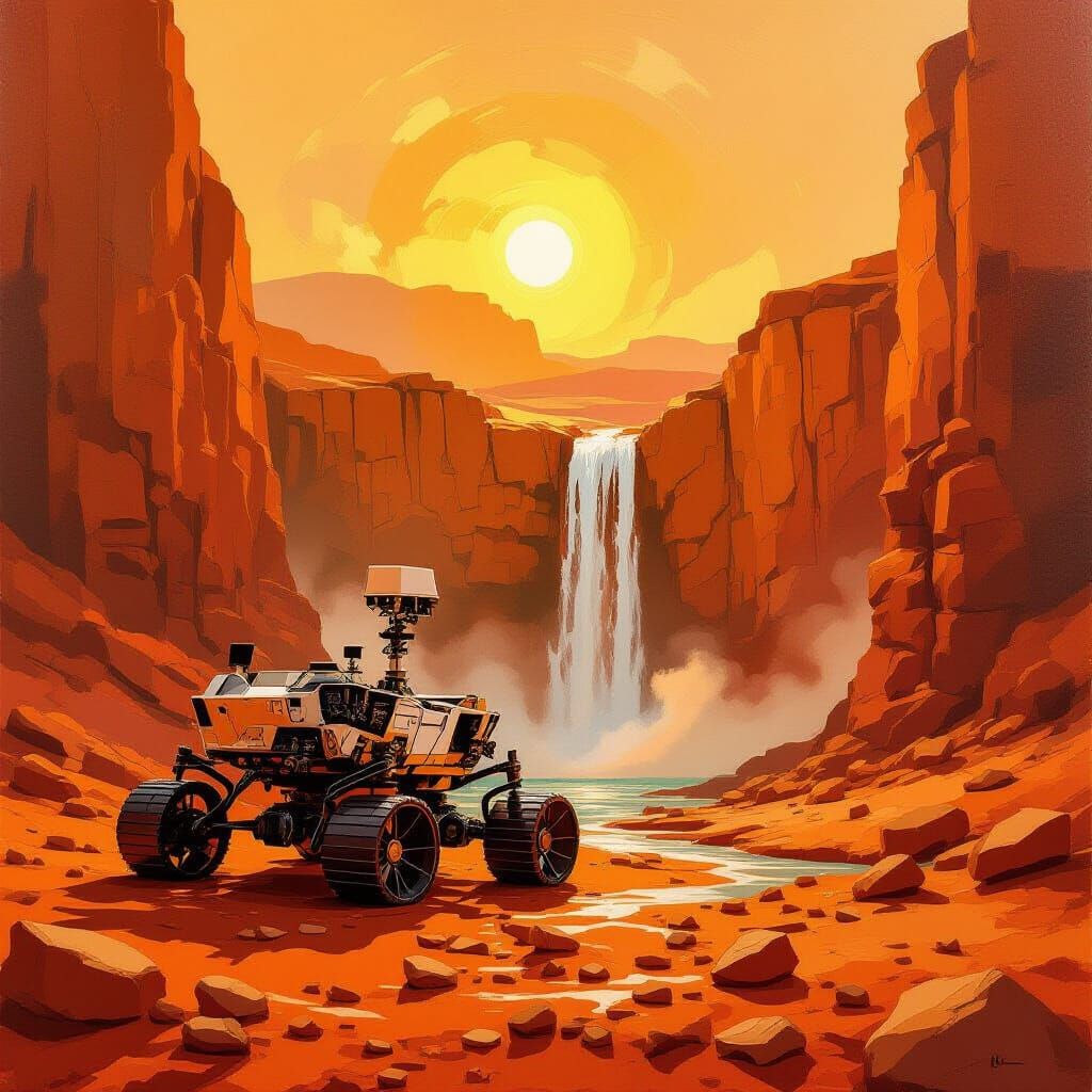 Luminous oil painting. Medium shot. A curious Mars rover examines an waterfall on the red planet. Impasto ...  by @Vlastas