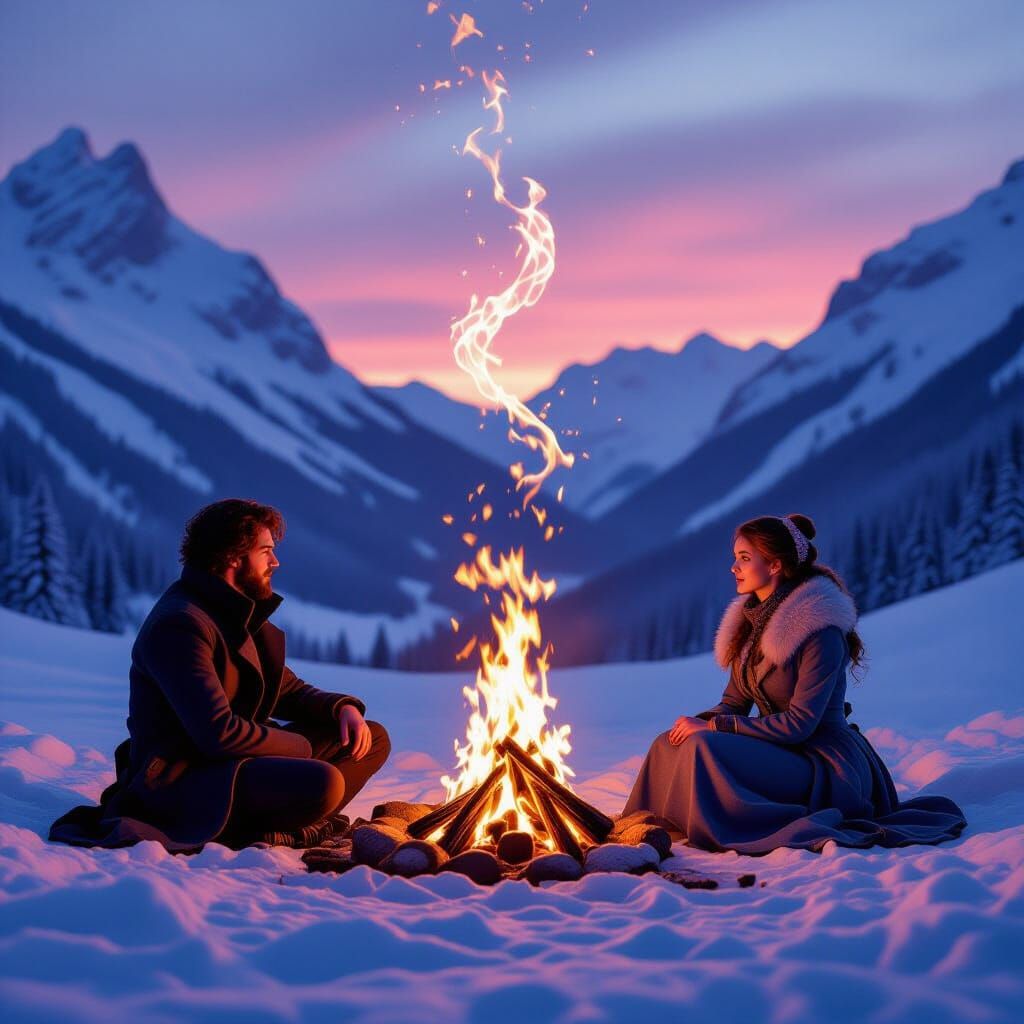 
Гиперреалистичная фантазийная сцена в разрешении 8K. Детальная зимняя атмосфера. В глубокой долине между двумя величественными горами горит...