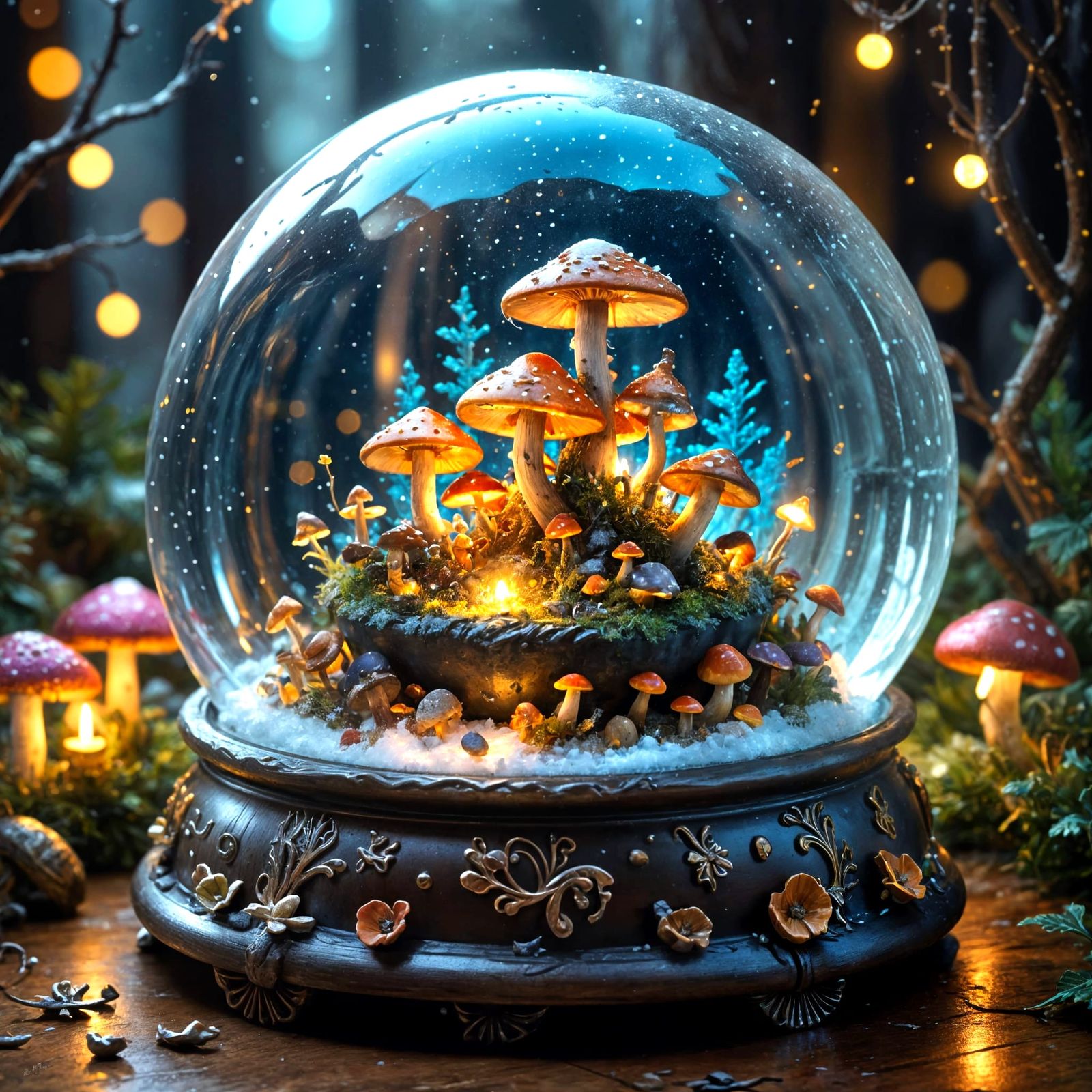 Fantasy concept art. Closeup. Snowglobe with magical golden snow on witch's table. Inside, glowing fantasy ...  by @Tolino