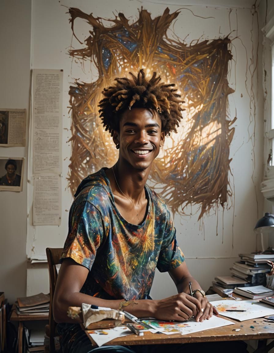 full-body (painting:3.0) in the style of (carne-griffiths:3.0) of a  beautiful young gay african-american lad (slender, 18-year-old) sitting...  - AI Generated Artwork - NightCafe Creator