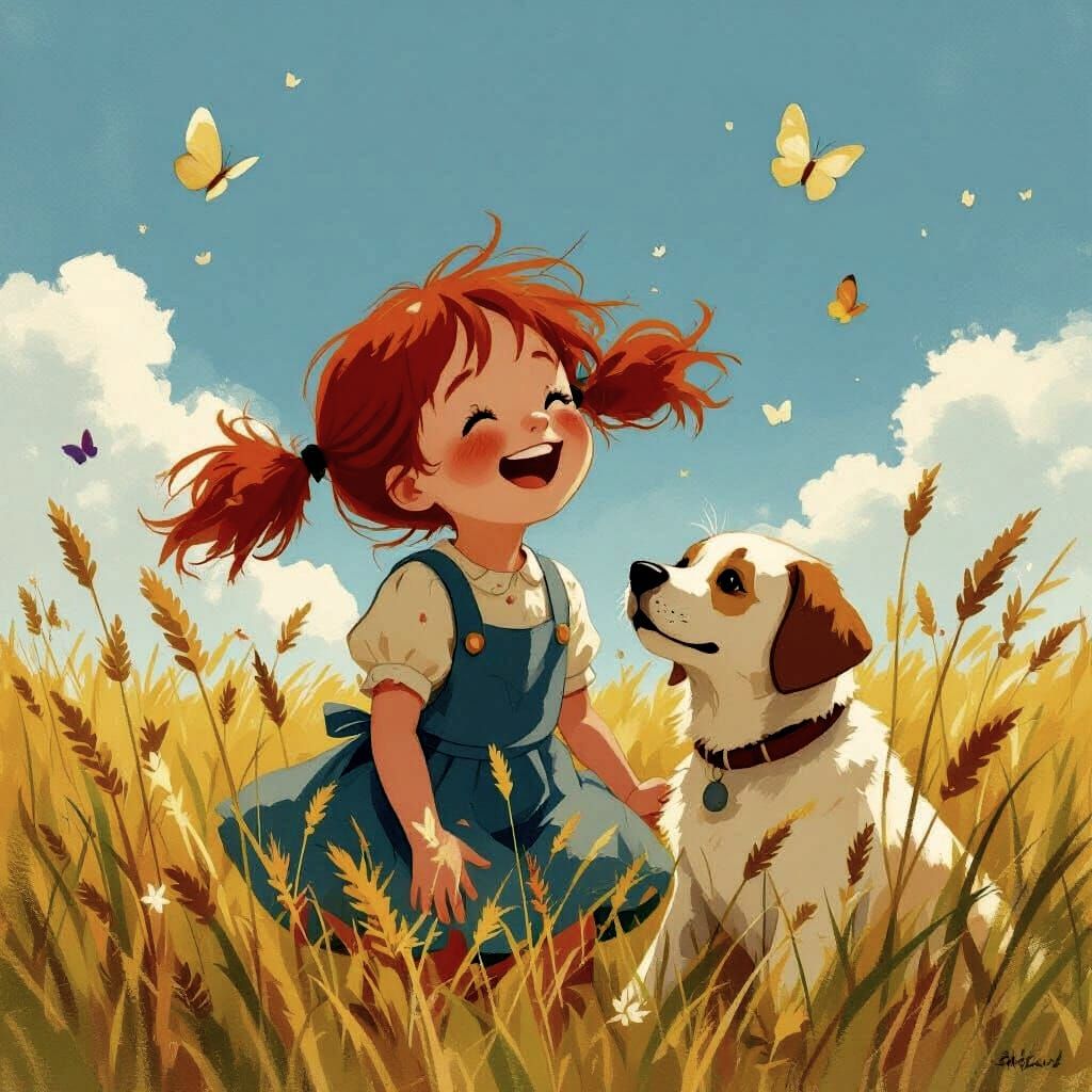 create a field of tall wild grass with a little red haired girl of about 8 years old.  She is laughing as she plays with a new labrador retr...
