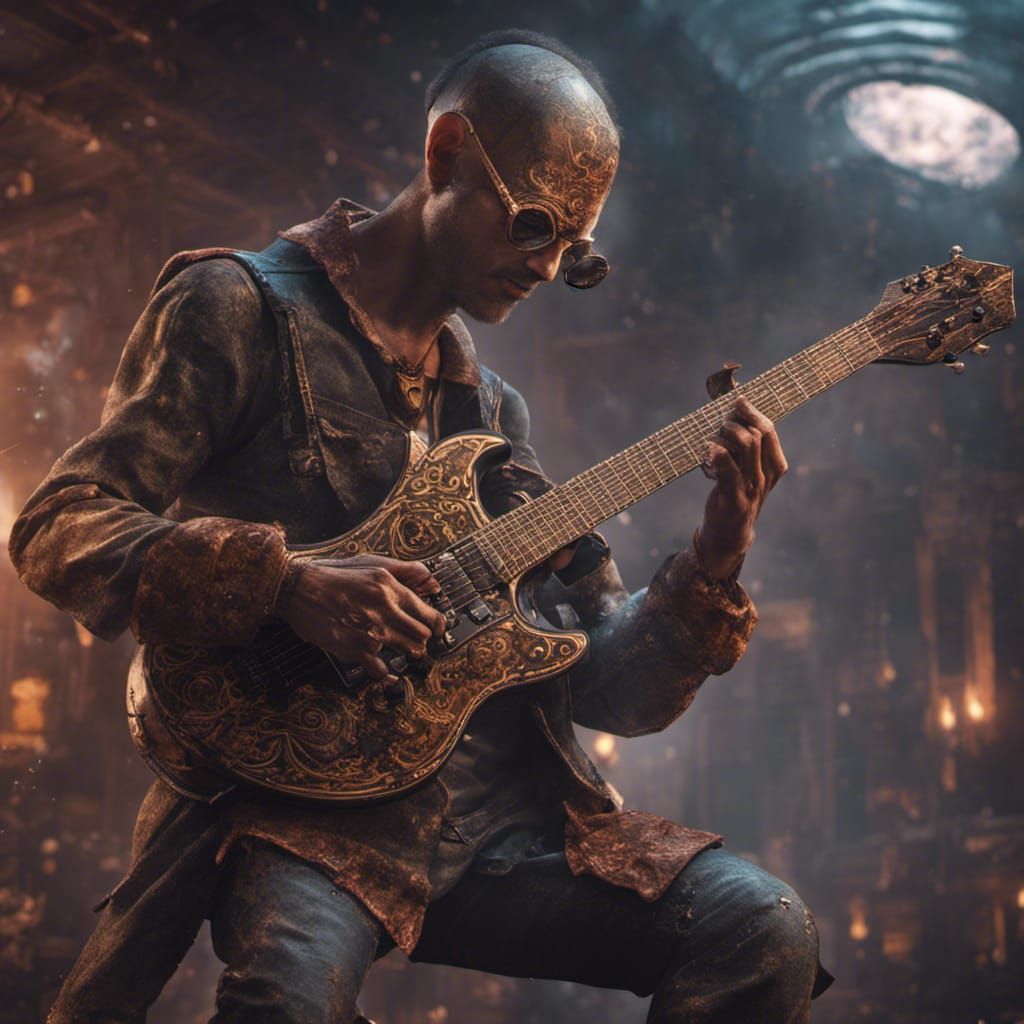 man playing a steampowered electric guitar AI Generated Artwork NightCafe Creator