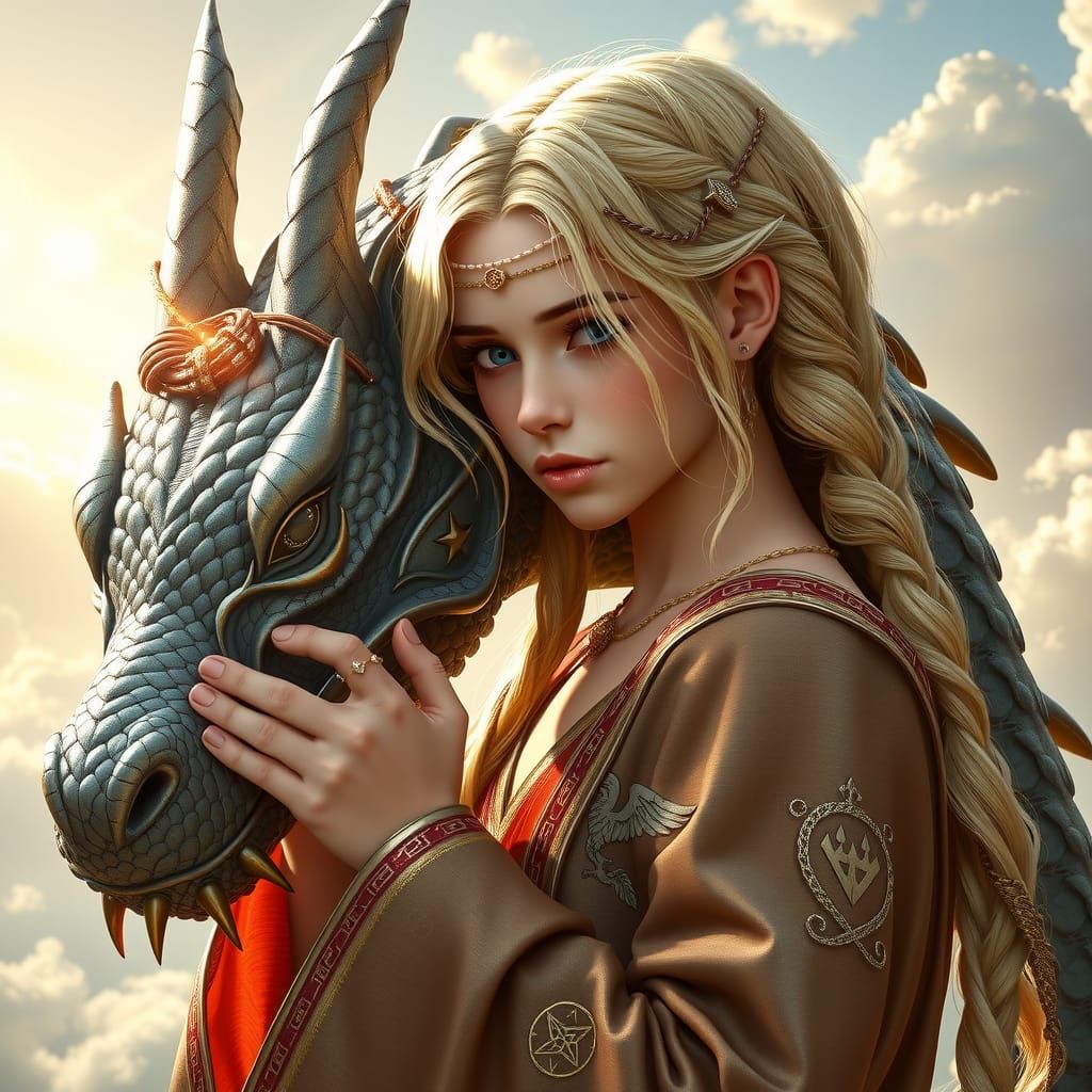 


Blonde girl and dragon in fantasy world against brighr cloudy background — 

