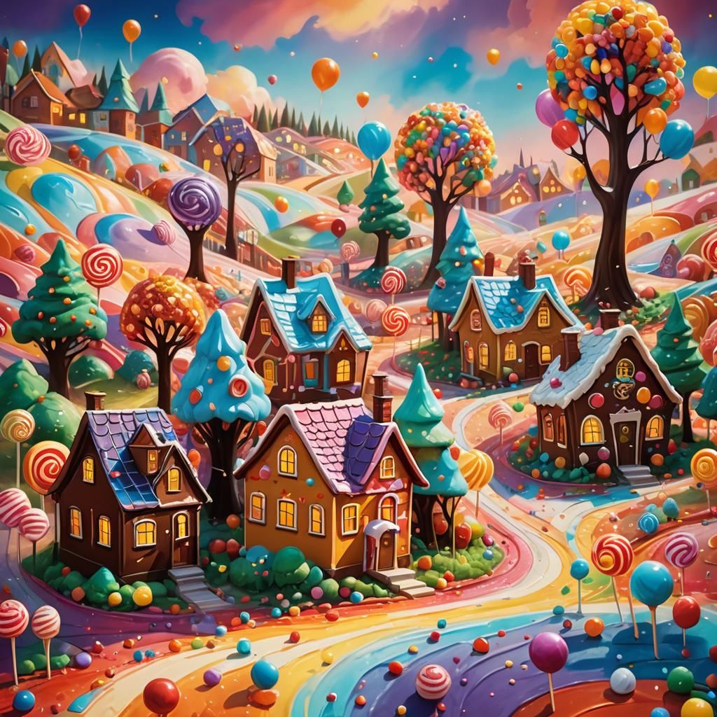 Whimsical Candyland with Chocolate Houses in Candy Art Style