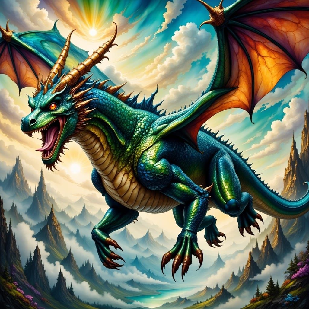 Epic svelte fantasy Dragon in flight <lora:Fantasy Ink Flux:1.0> 