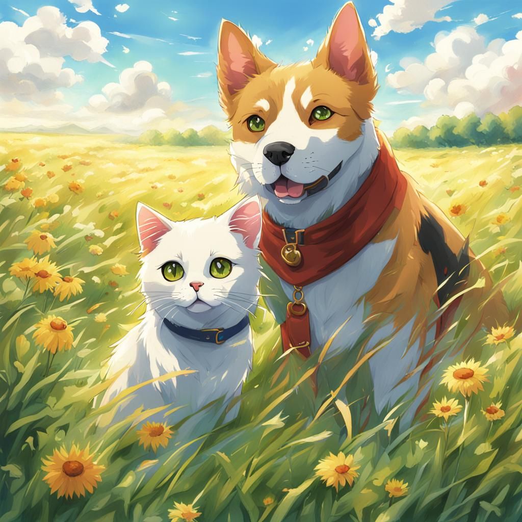 cat and dog in a field