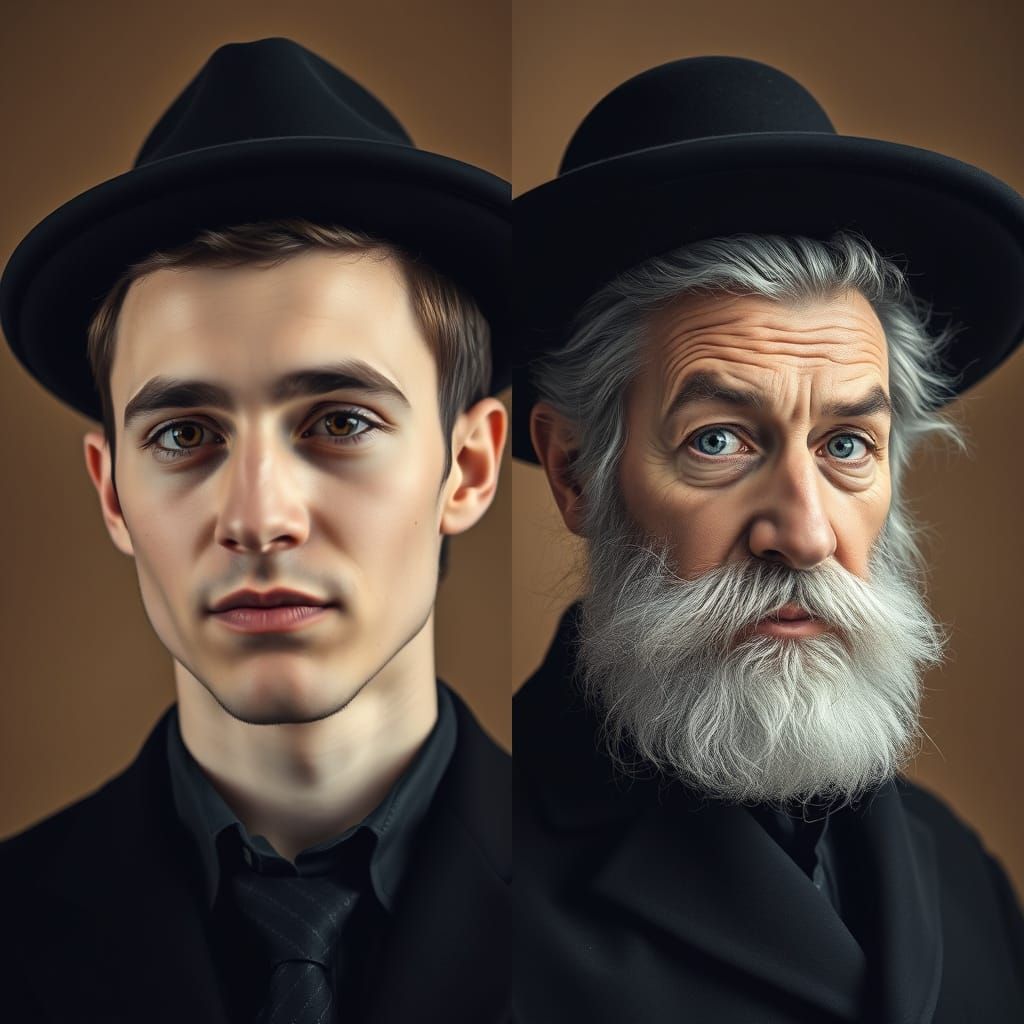 Split-Portrait of Hasidic Rabbi: Youth and Wisdom