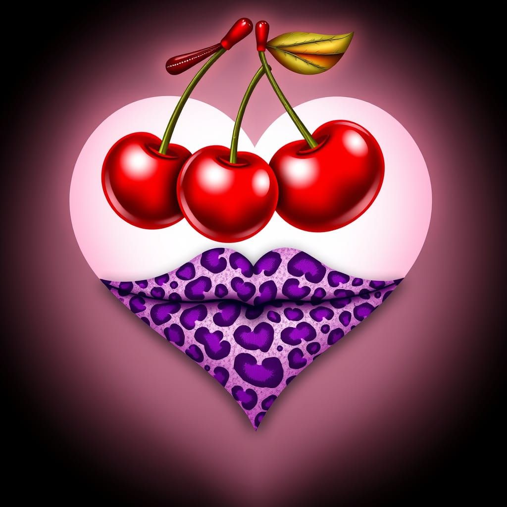 Heart-Shaped Cherries on Leopard Print Lips in Vibrant Abstr...
