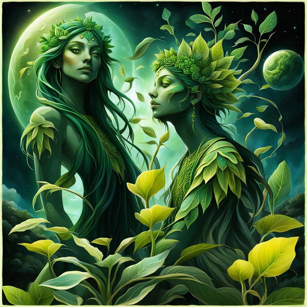 A vivid representation of a green frog  with fairy wings nestled under a fantastic array of dandelion trees in a child's vibrant crayon draw...