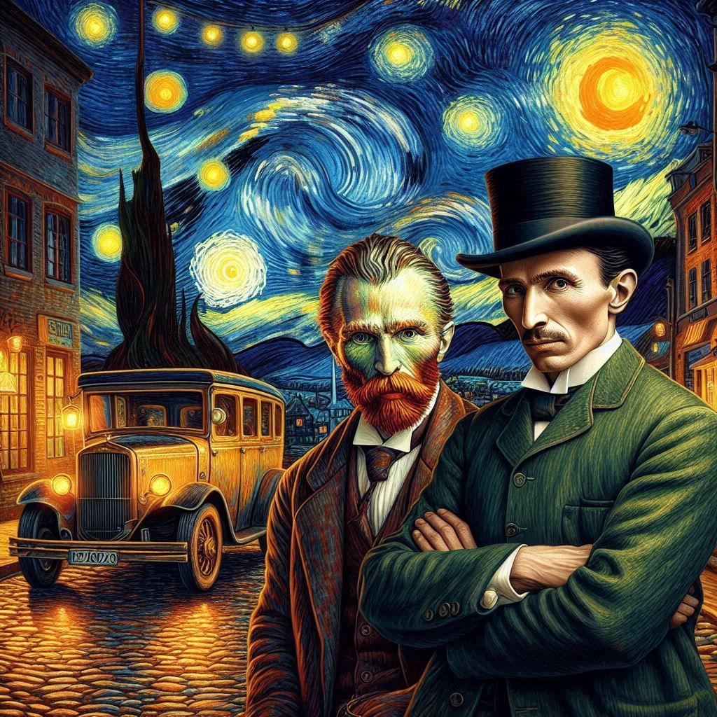 Vincent Van Gogh and Nikola Tesla on the streets , on a starry night