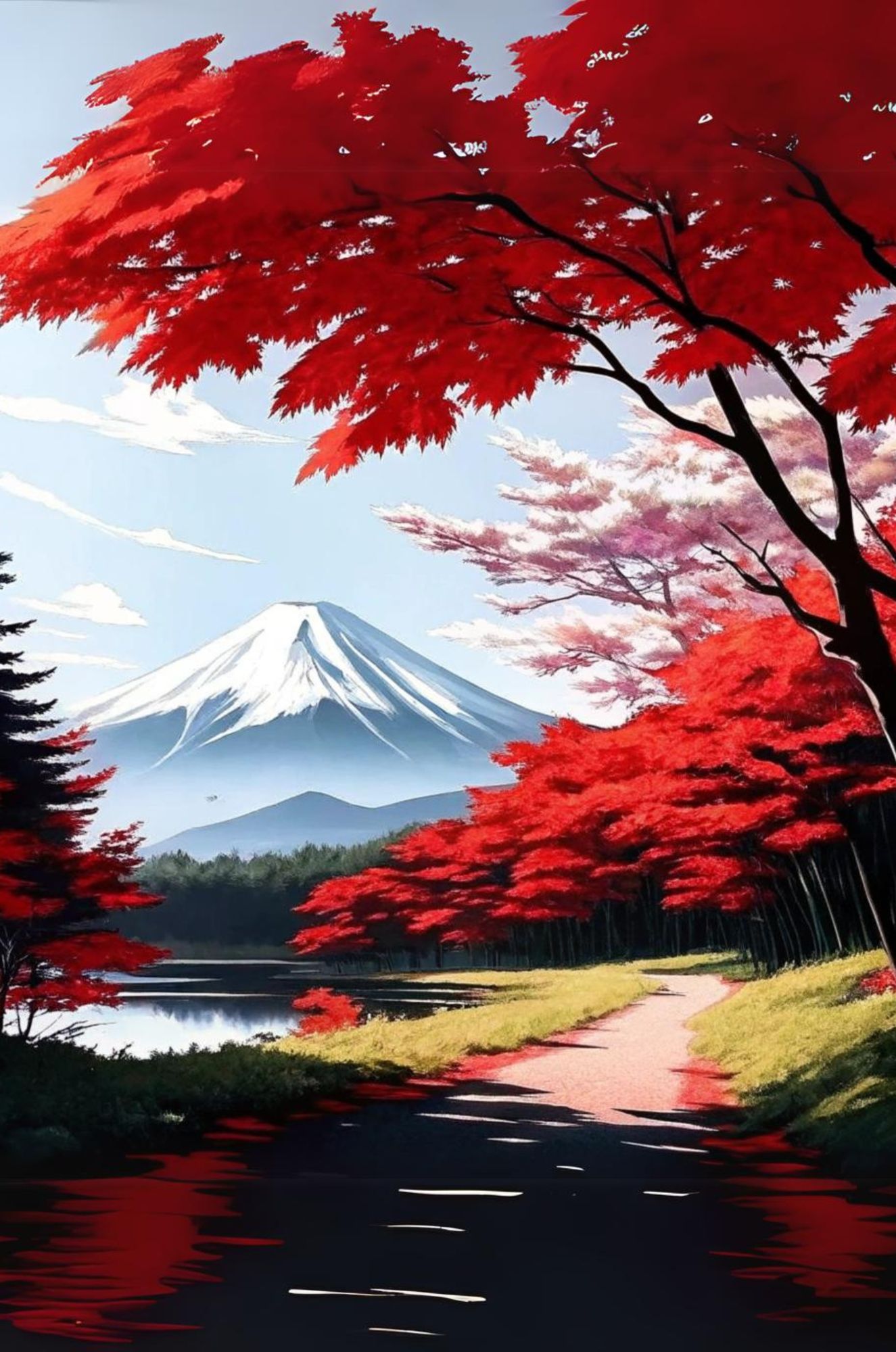 Anime landscape of an autumn day with red leaves and a mountain in the background