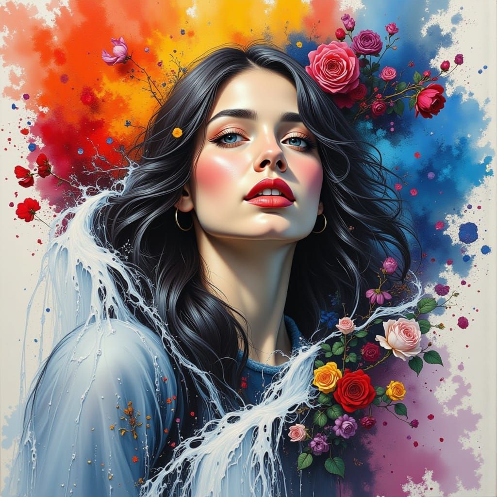 Abstract Expressionist Portrait of Woman and Waterfall