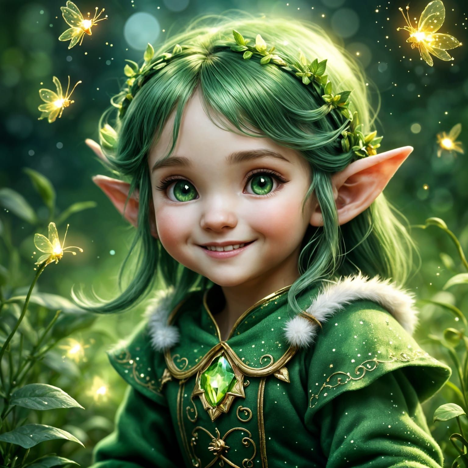 Beautiful Smiling Elf in Green with Magical Sparkles