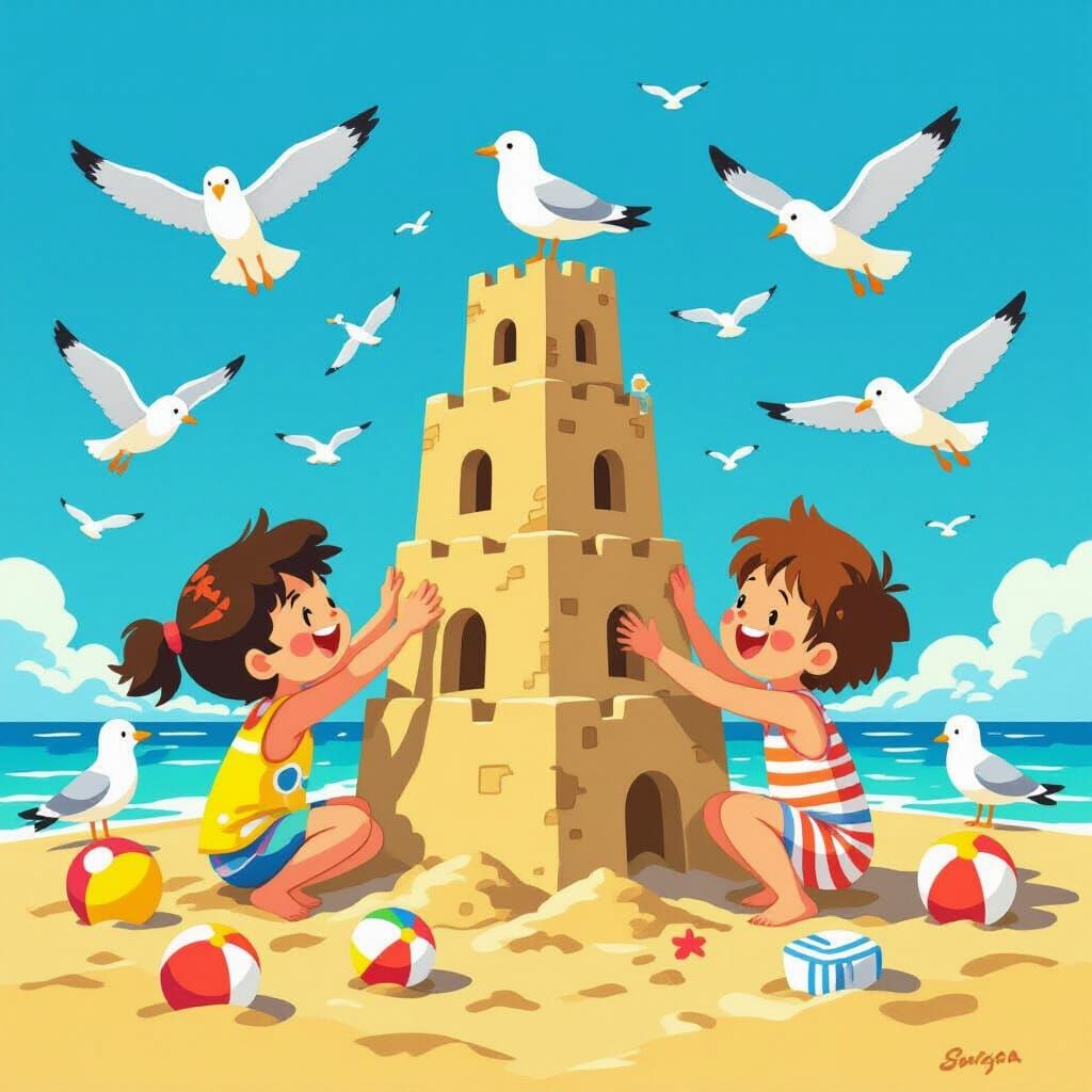 Children Building Sandcastle on Beach in Whimsical Style