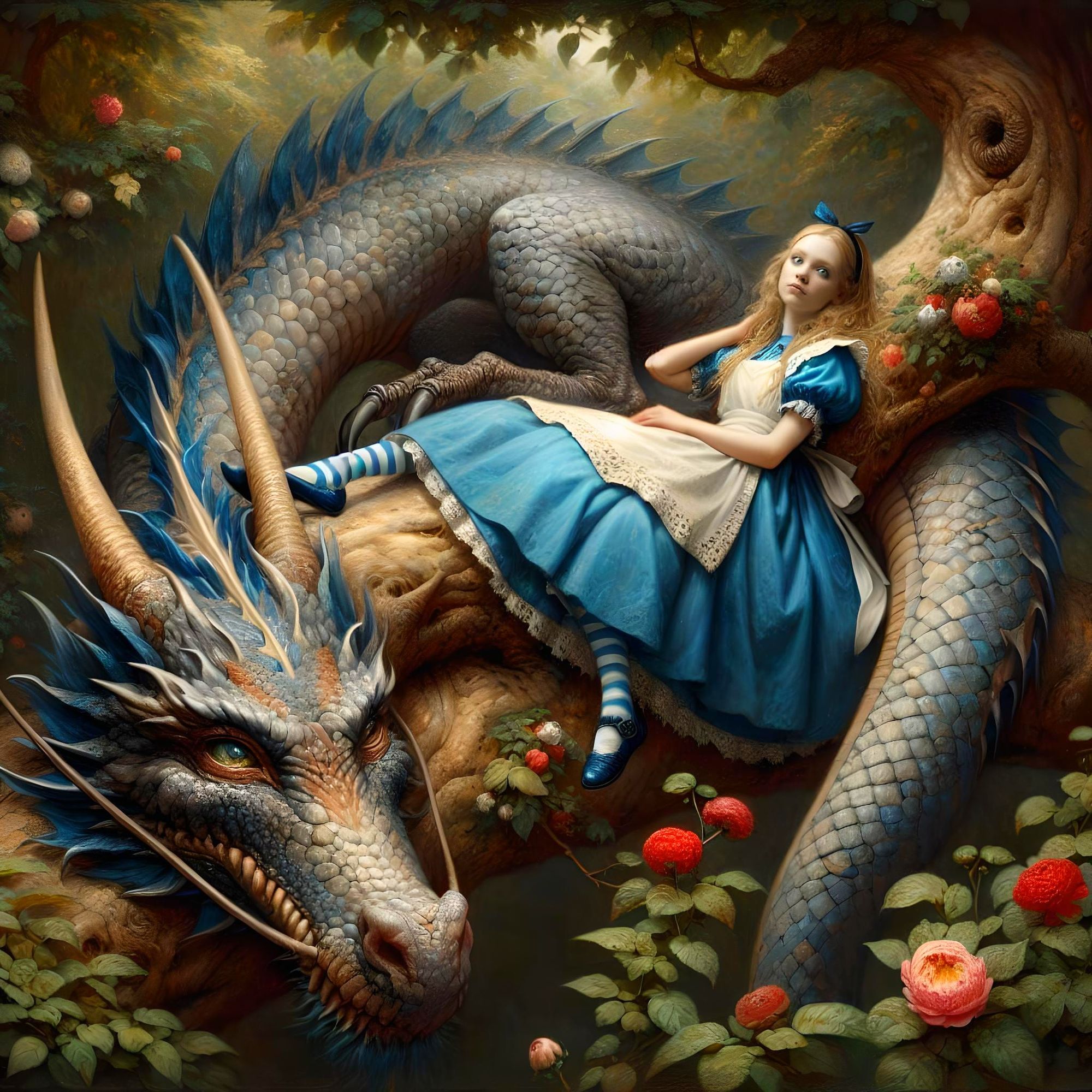 the alice and wonderland lying back on the tail of a dragon, the dragon is lying on a tree branch, natural lighting, light-focused, Breathta...