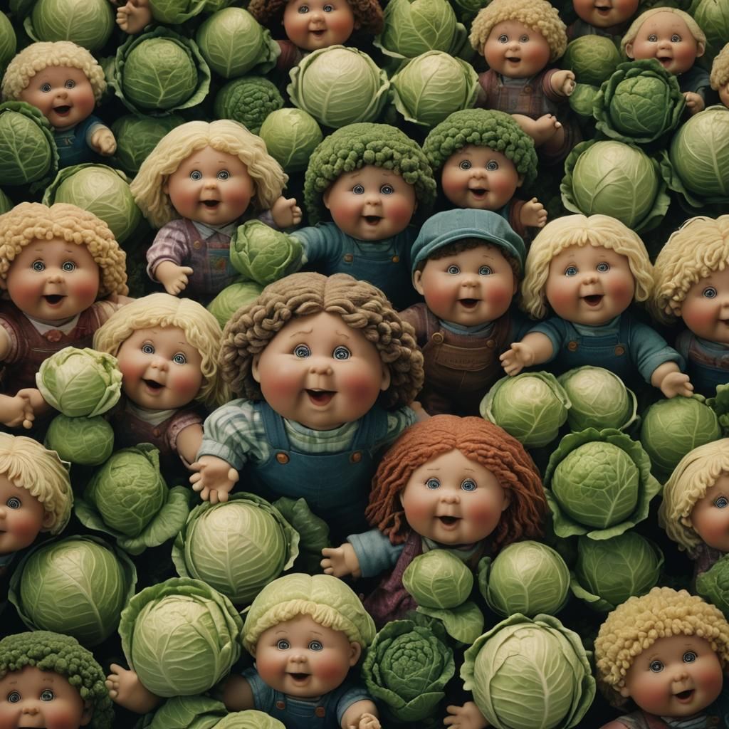 Cabbage Patch Kids embodying film grain textures, framed wit...