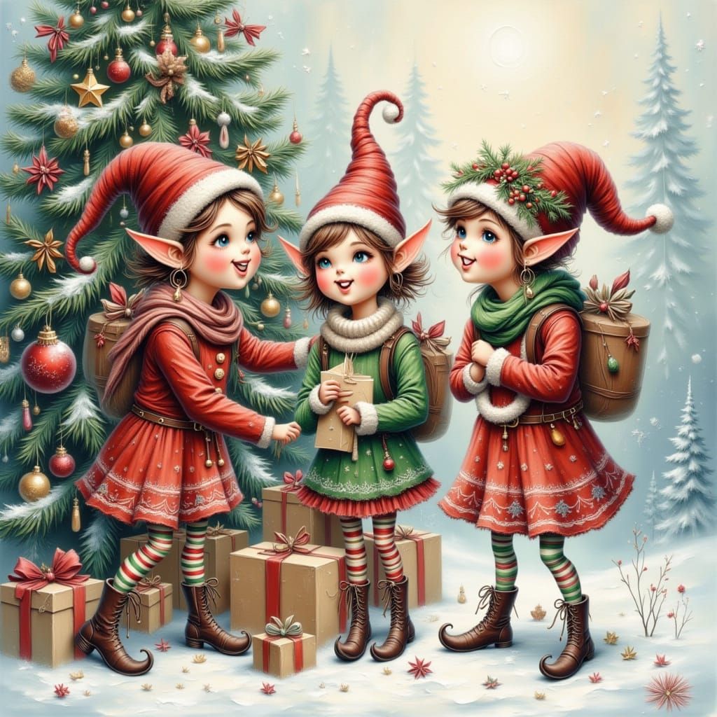 Elves Decorating Christmas Tree in Cozy Sweaters