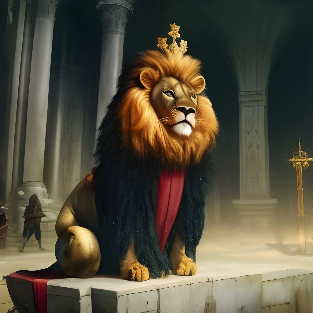 An adorable serious lion dressed as a king, sitting on a throne, gorgeous wet doe-eyes, awwchang, Cedric ...  by @Canfedavatana Tutkun