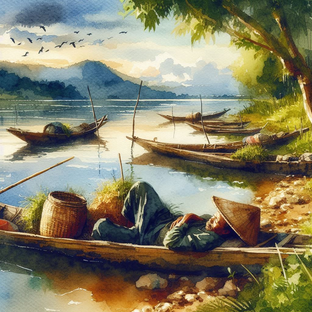 A fisherman sleeping on his boat on a tranquil lake watercol...