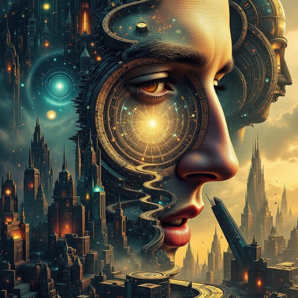 <lora:DistortedImagination:1.0> <lora:Dublex-Flux:1.0> A scene of futuristic dystopian corridors and existential dread juxtaposed inside a m...