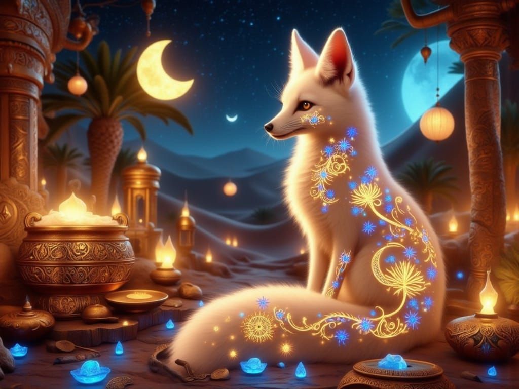 <lora:FiosAnimalGlowInk:1.0> fennec fox with glowing date palm & crescent moon patterns across fur