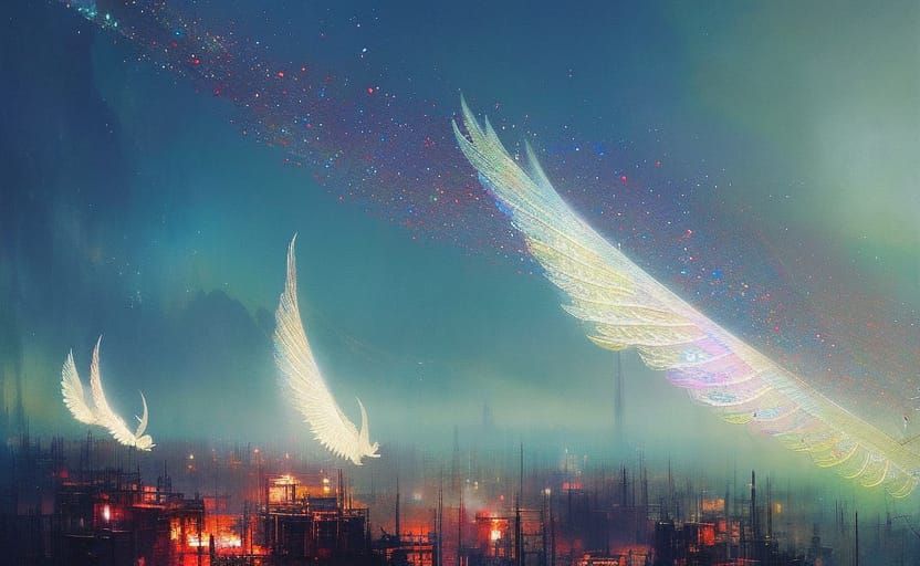 Seraphic beings drift gracefully through the sky, their diap...
