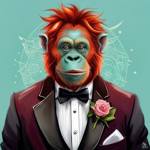 dignified Orangutan wearing a tuxedo, hyperdetailed, fancy f...